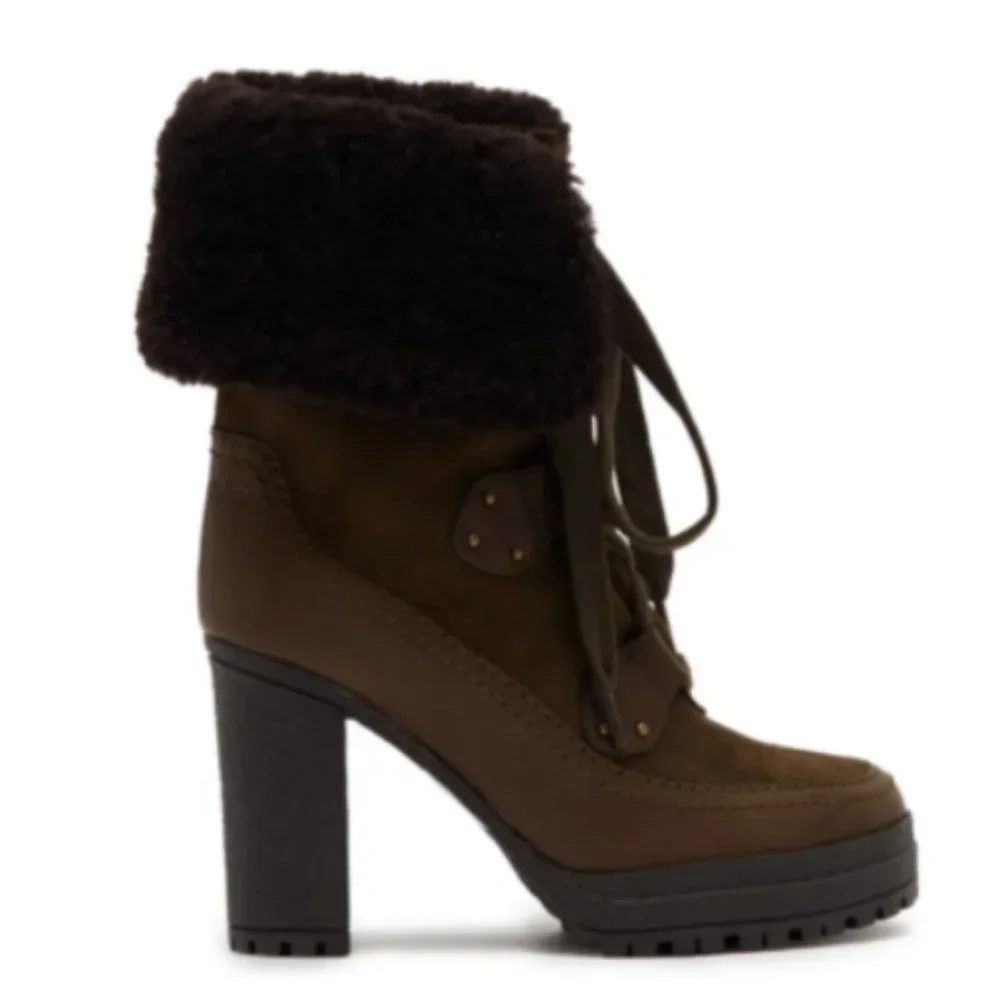 SEE BY CHLOE VERENA PLATFORM GENUINE SHEARLING LINED LACEUP BOOT MSRP $555 SAGE